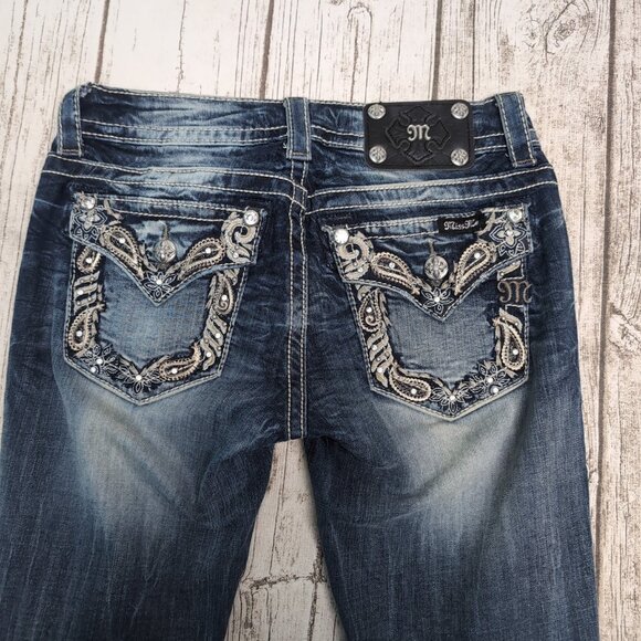 Miss Me Denim - Miss Me Boot Cut Dark Wash Faded Embellished Low Rise Y2K Jeans Size Women 26